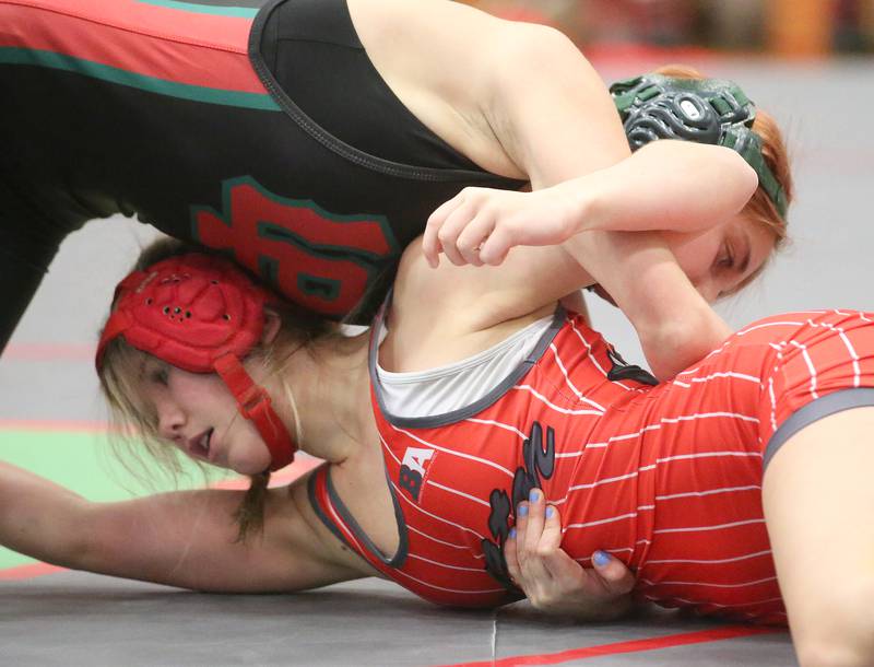 L-P's Sarah Lowery wrestles Streator's Isabel Gwaltrey during a meet on Wednesday, Dec. 13, 2023 in Sellett Gymnasium at L-P High School.