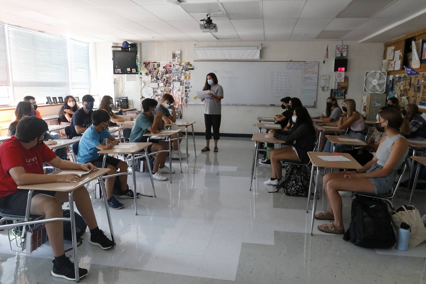 Teacher Bridget Fujino takes attendance in her Advanced Placement pre-calculus class during the first day back to school at Woodstock High School on Monday, Aug. 16, 2021, in Woodstock.