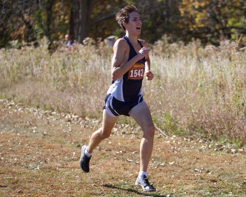Cary Grove's Jameson Tenopir  heads for the finish line at the Fox Valley Conference meet on Saturday, Oct. 19,2024 at Hickory Nut Grove Preserve in Cary.