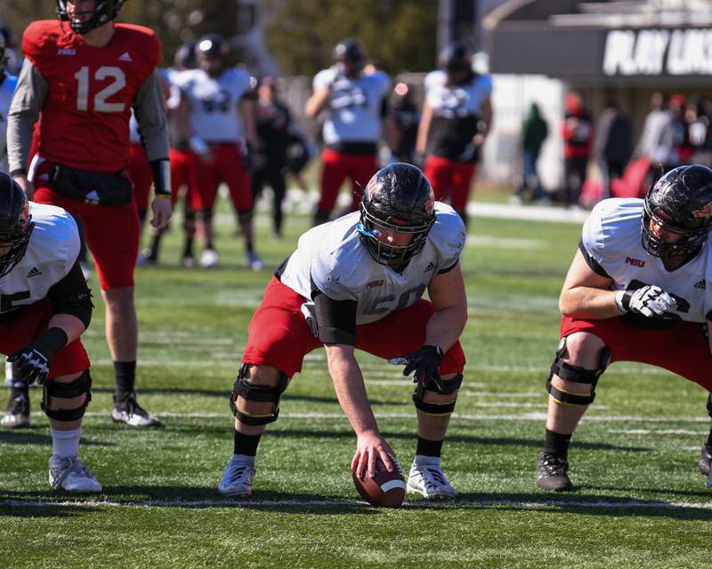 Northern Illinois University offensive lineman Pete Nygra, center gets set to hike the ball during the Saturday April 16th scrimmage at Huskie Stadium in DeKalb.