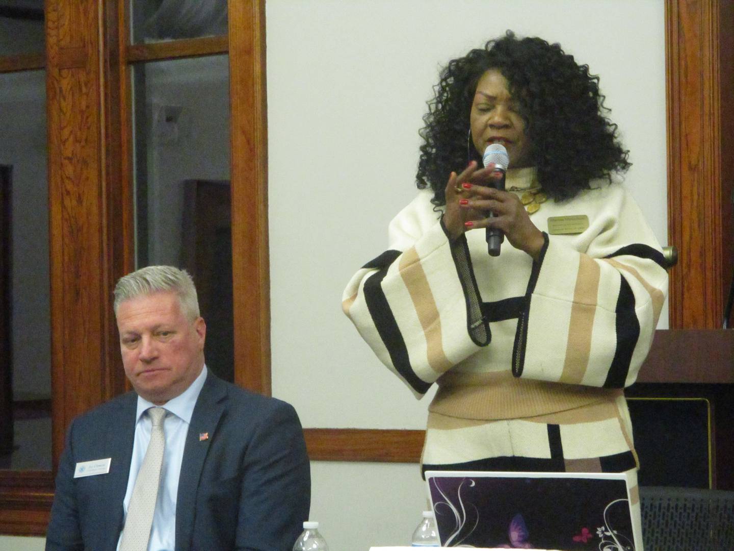 Glenda Wright-McCullum speaks at the forum for Joliet City Council candidates at the Joliet Public Library on Thursday. Feb. 19, 2025