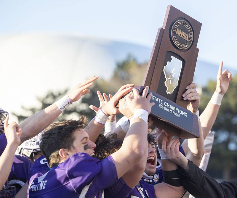 Wilmington celebrates their 42-6 win over Maroa-Forsyth Friday, Nov. 28, 2025, in the Class 2A football finals at Hancock Stadium at ISU.