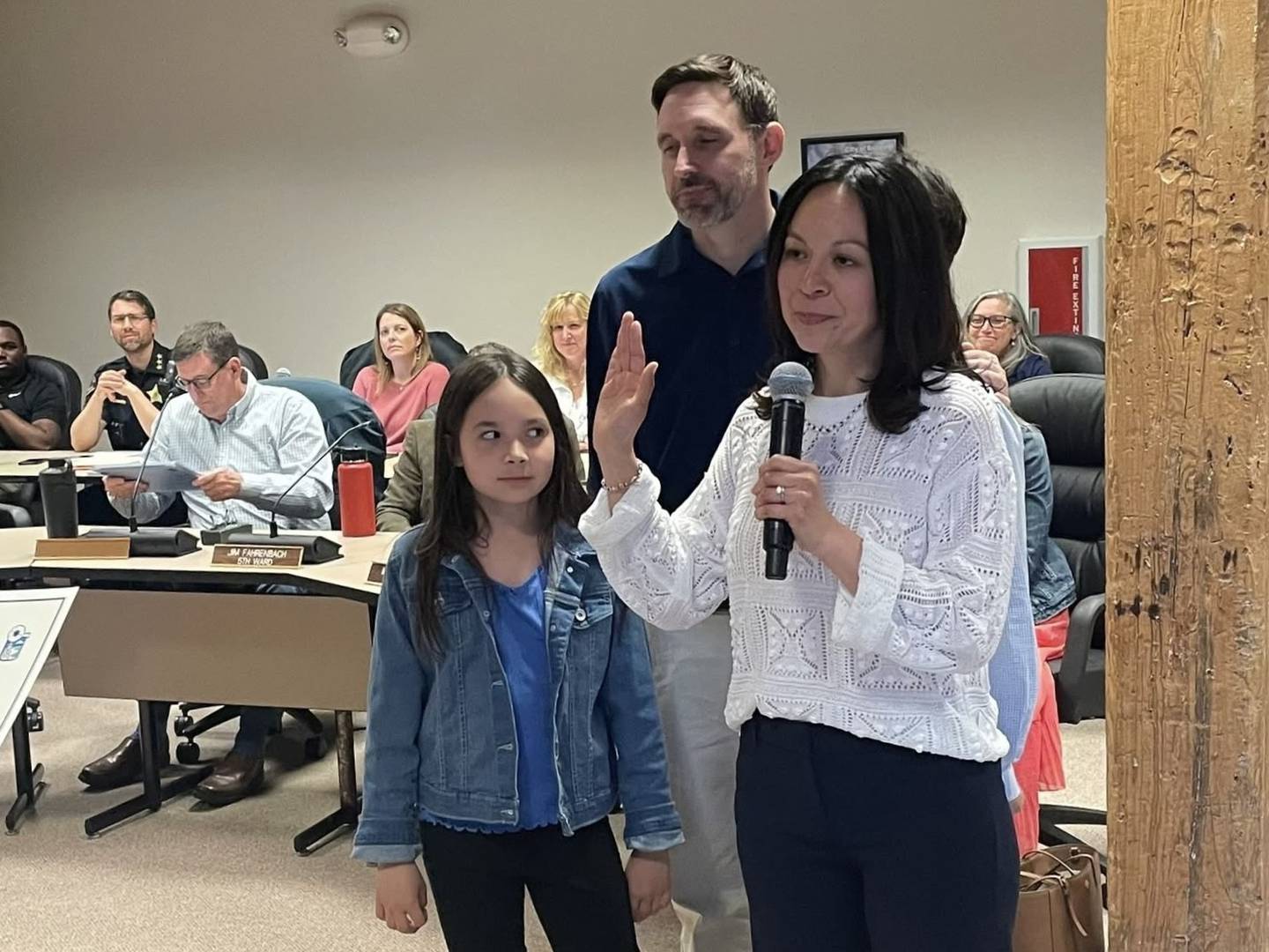 New Ward 3 Alderman Alice Lohman is sworn in by Kane County State's Attorney Jamie Mosser at the May 5, 2025, Batavia City Council meeting, marking the start of her four-year term replacing George Ajazi, who did not run for reelection.