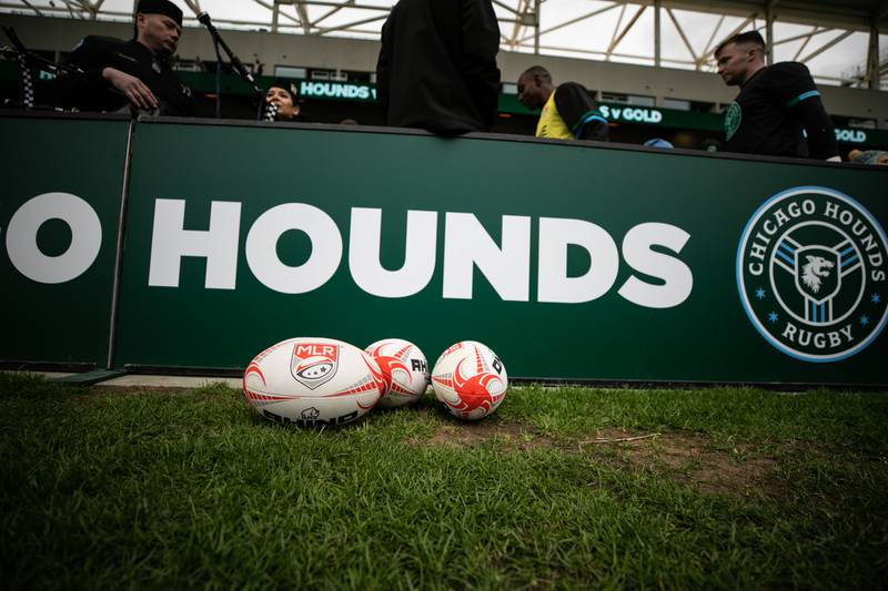 Game balls sit ready on the side of the field at Seat Geek Stadium, the home of Major League Rugby’s newest franchise, the Chicago Hounds, in Bridgeview, on Sunday April 23, 2023.