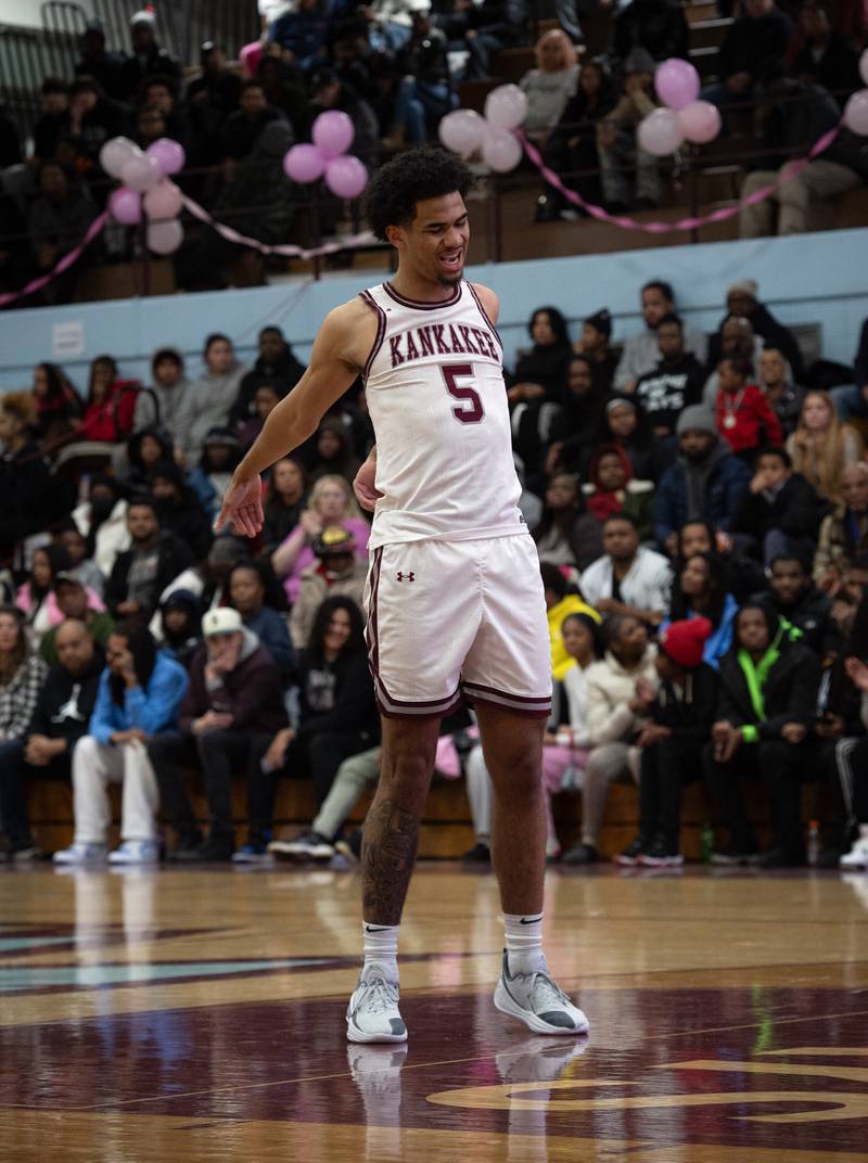 Kankakee's EJ Hazelett reacts after missing a free throw in a game against Rich Township on Friday, February 6, 2026.