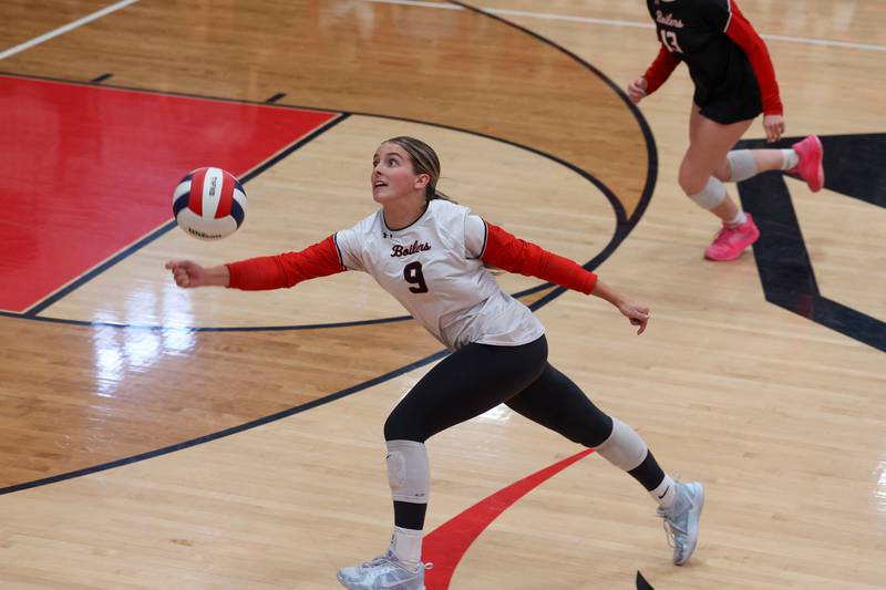 Bradley-Bourbonnais' Morgan Curtis saves a rogue hit during the Boilermakers' match against Joliet Central at the Moldenhauer Classic tournament on Saturday, Oct. 18, 2025, at Bradley-Bourbonnais Community High School.