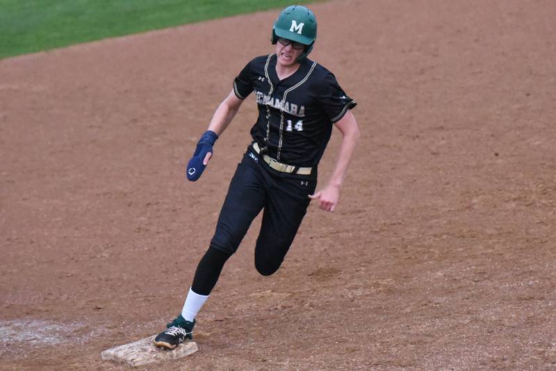 Bishop McNamara's Callaghan O'Connor rounds third on his way home for the game-winning run of the Fightin' Irish's 6-5 win over Hope Academy at home Thursday, April 30, 2026.