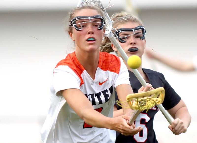Crystal Lake Central United’s Fiona Lemke, front, battles Huntley’s Leah Holmberg in IHSA Sectional Title Game action at Crystal Lake Central High School in Crystal Lake on Friday, May 30, 2025.