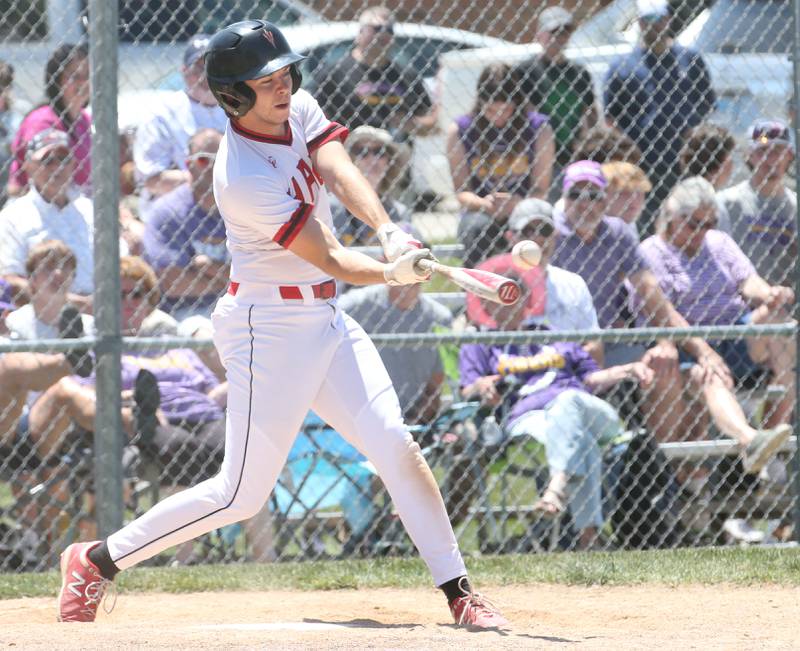 Hall's Hunter Meagher gets a hit against Sherrard during the Class 2A Sectional final game on Saturday, May 27, 2023 at Knoxville High School.