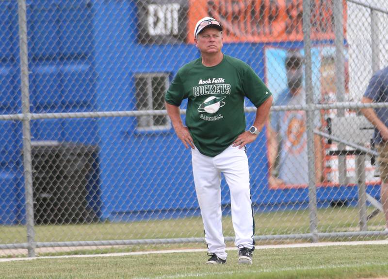 Rock Falls head coach Donnie Chappell coaches during the ICA Senior Baseball All Star Game on Monday, June 30, 2025 at Schweickert Stadium in Peru.