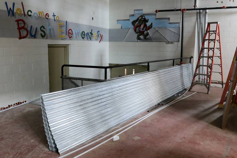 Ladders and construction equipment are seen inside the former James C. Bush Elementary School on Monday, Feb. 8, 2021 in Johnsburg.  The new Berkshire Johnsburg apartment building being constructed on the former school property will have 68 total units, all of which qualify as affordable housing for seniors.