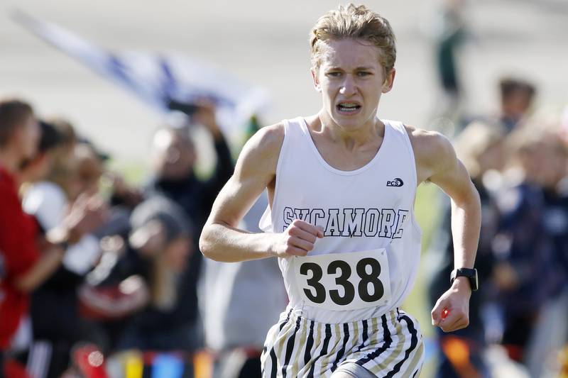 Sycamore's Ethan Solfisburg heads for the finish line to place 20th during the boys Class 2A Woodstock North XC Sectional at Emricson Park on Saturday, Oct. 30, 2021 in Woodstock.