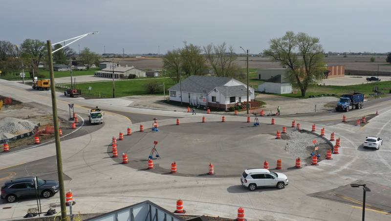 Motorists drive through the roundabout at the intersection of  Illinois Route 178 and Illinois Route 71 on Wednesday, April 19, 2023 in Utica. IDOT temporary converted traffic to use the circle while crews can work in the center. All lanes will remain open but motorists will have to yield to traffic prior to entering the roundabout. The project is scheduled to be completed by mid-June.