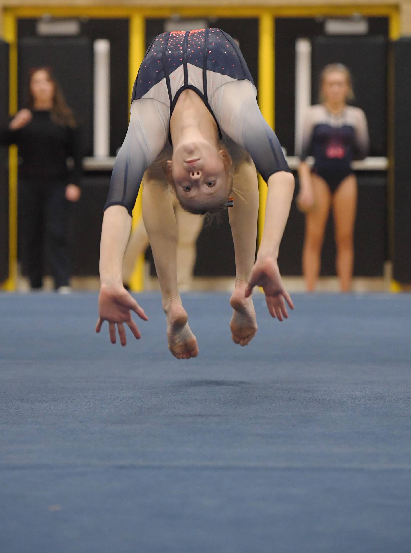 Oswego’s Sam Phillip performs her floor exercise routine at the Hinsdale South girls gymnastics sectional meet in Darien on Tuesday, February 7, 2023.