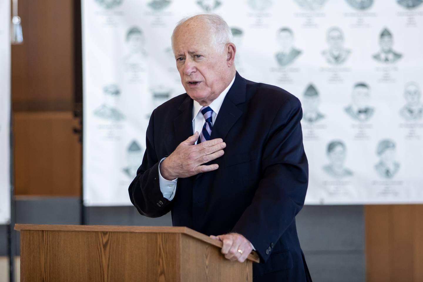 Former Governor Pat Quinn shares remarks during the opening of the 'Portrait of a Soldier' exhibit at the Will County Courthouse in Joliet, Illinois on Sept. 11, 2025.
