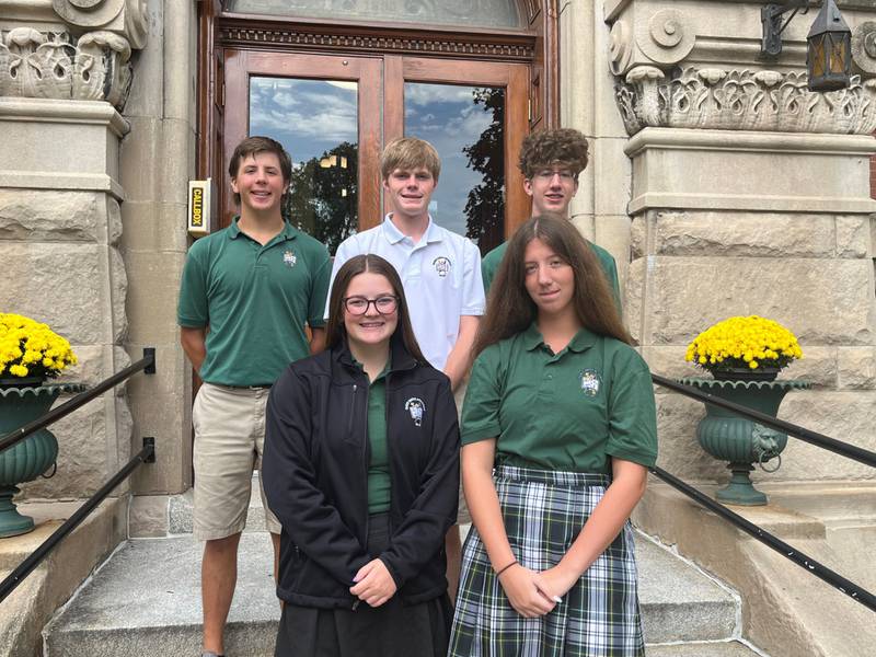 St. Bede Academy announced Oct. 5, 2023, the students awarded the National Rural and Small Town Award through the College Board National Recognition Programs. Back row, from left are Logan Potthoff, Greyson Marincic and Evan Englehaupt. Pictured front row from left are Bella Hagenbuch and Ella Englehaupt. Not pictured is Ziheng “Gordon” Chen.