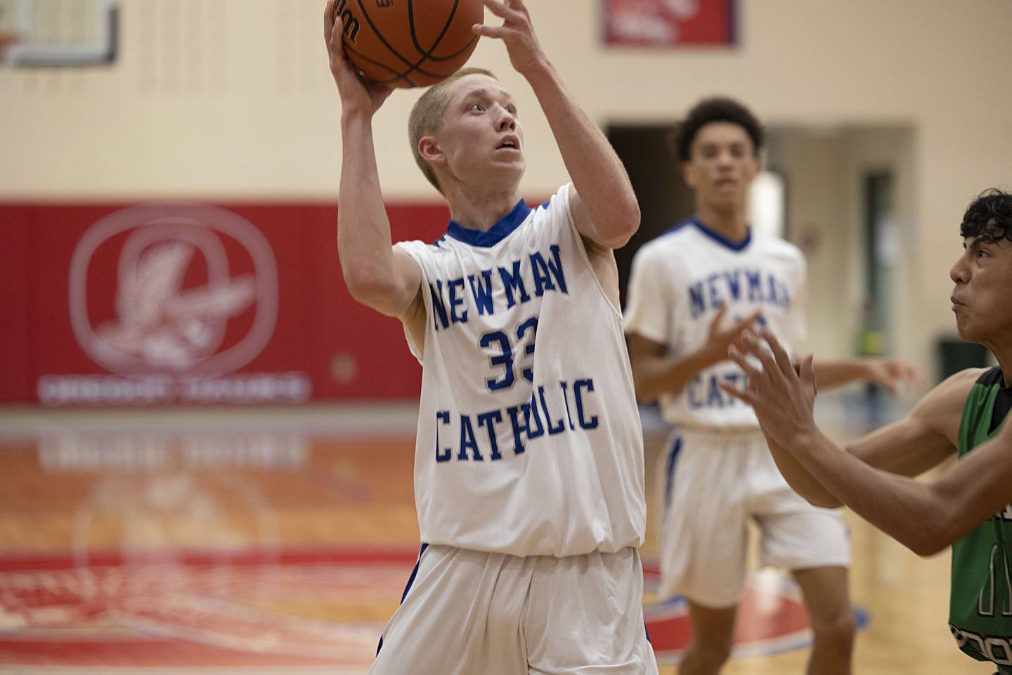 Newman's George Jungerman puts up a shot Monday, Nov. 21, 2022 while playing North Boone in the Oregon Thanksgiving Tournament.