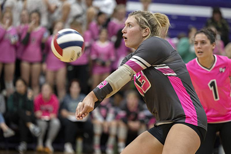 Rock Falls’ Claire Bickett passes the ball against Dixon Thursday, Oct. 12, 2023 at Dixon High School.