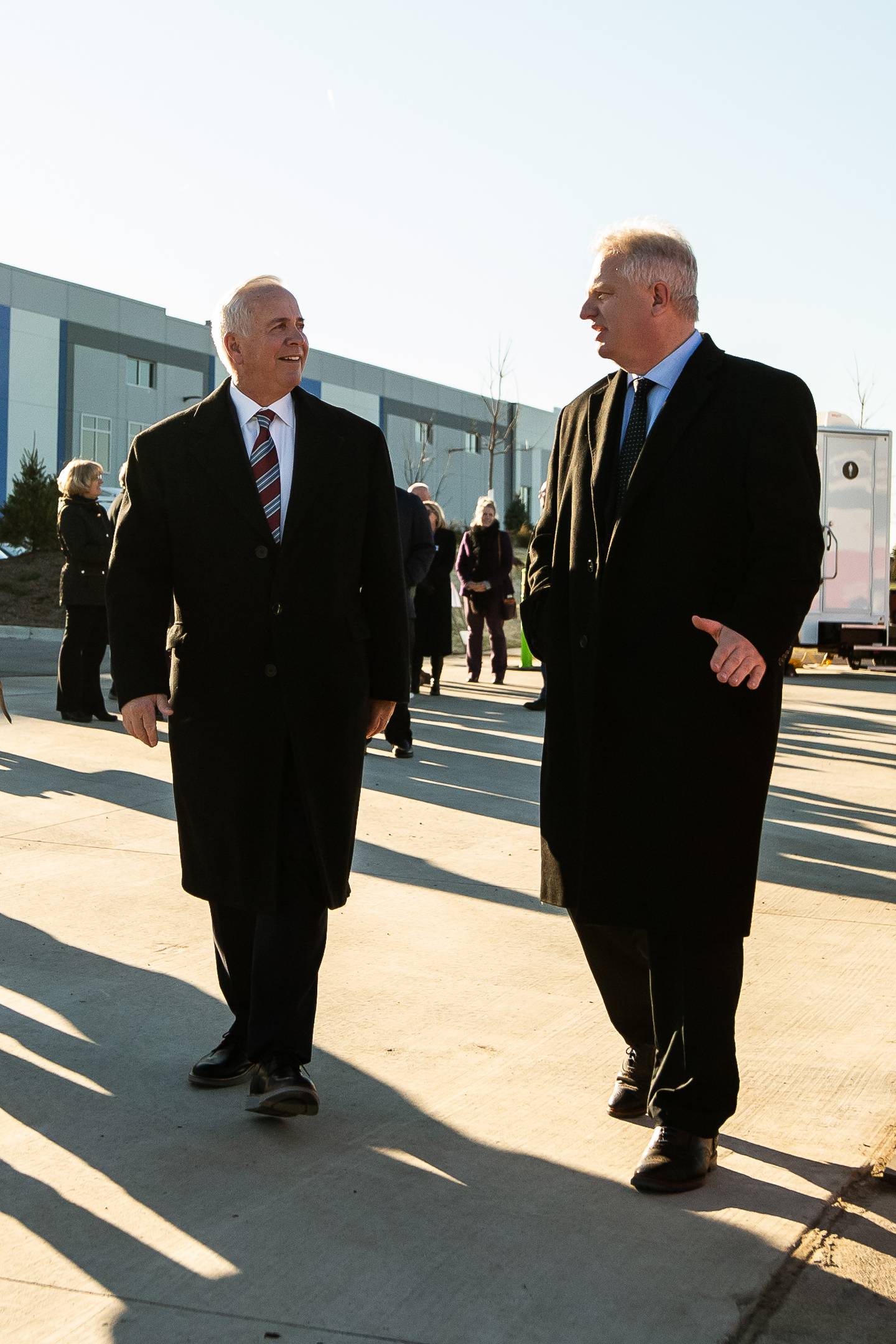 City of Joliet Mayor Terry D'Arcy and Mike Thoma, VP and GM, Hollywood Casino Joliet, chat at the Groundbreaking Ceremony on Dec. 13, 2023.