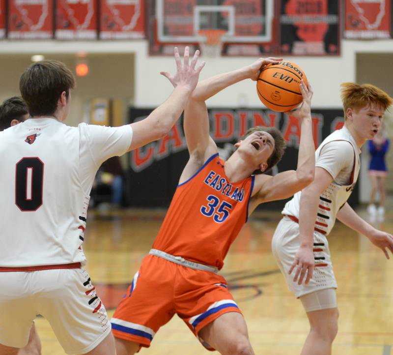 Eastland's Parker Krogman (35) reacts as he draws a foul against Forreston on Saturday, Jan. 4, 2025 at Forreston High School.