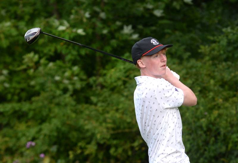 Rochelle's Nolan Schweitzer watches his drive on Wednesday, Sept. 3, 2025 during a match with Oregon at Silver Ridge Golf Course.