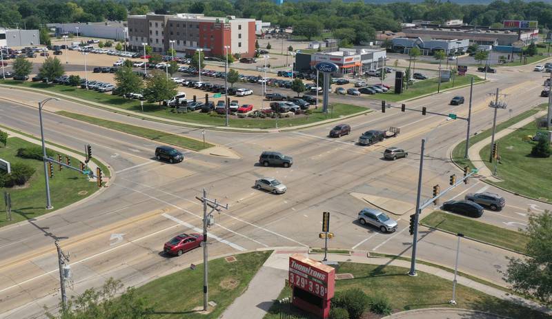 An aerial view of the intersection of Illinois Route 23 and Etna Road  on Friday, Aug. 15, 2025 in Ottawa. The intersection sees some of the most accidents in the City of Ottawa.