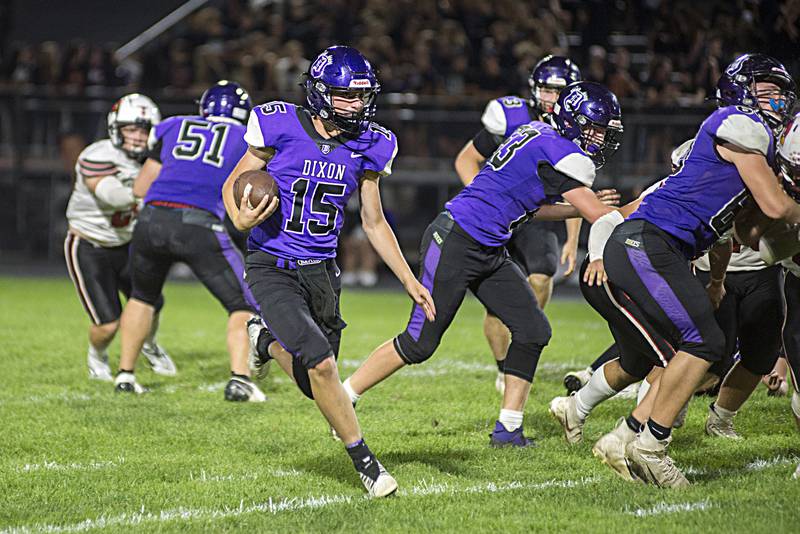 Dixon’s Tyler Shaner picks up big yards Friday, Sept. 16, 2022 against Stillman Valley.