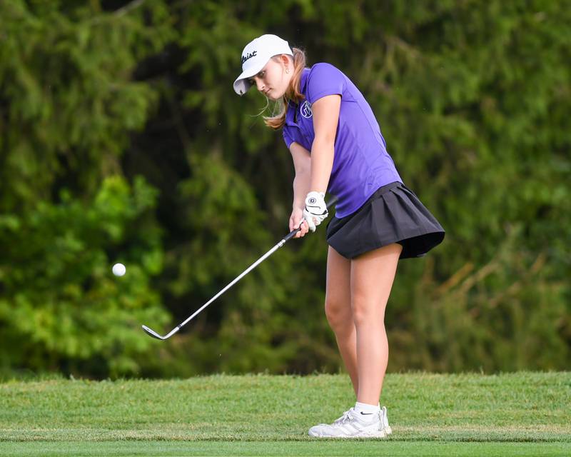 Breanna Burke of Joliet Township chips onto the green during the Southwest Prairie conference meet on Wednesday Sept. 24, 2025, held at Blackberry Oaks Golf course in Bristal.