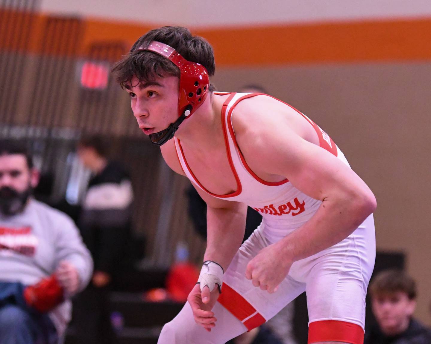 Huntley’s Colin Huminsky wrestles in the 138-weight class championship match up on Saturday Jan. 31, 2026 during the regional match up held at DeKalb High School.