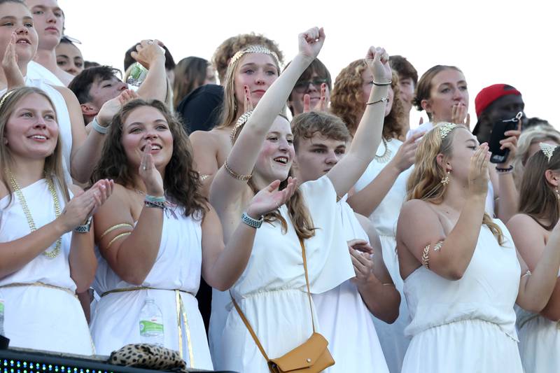 Sycamore fans get fired up before the First National Challenge game Friday, Aug. 25, 2023, in Huskie Stadium at Northern Illinois University in DeKalb.