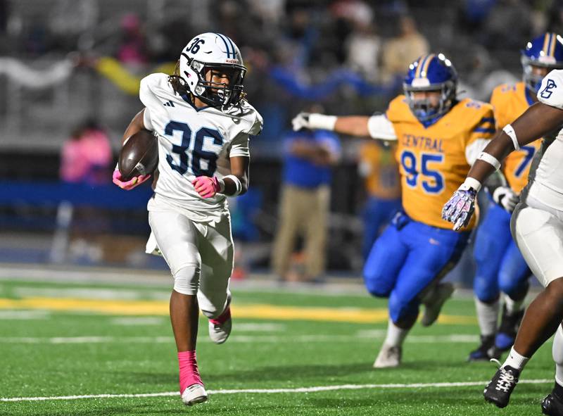 Plainfield South's Kodi Garner (36) in action during the conference game against Joliet Central on Friday, OCT. 17, 2025, at Joliet.