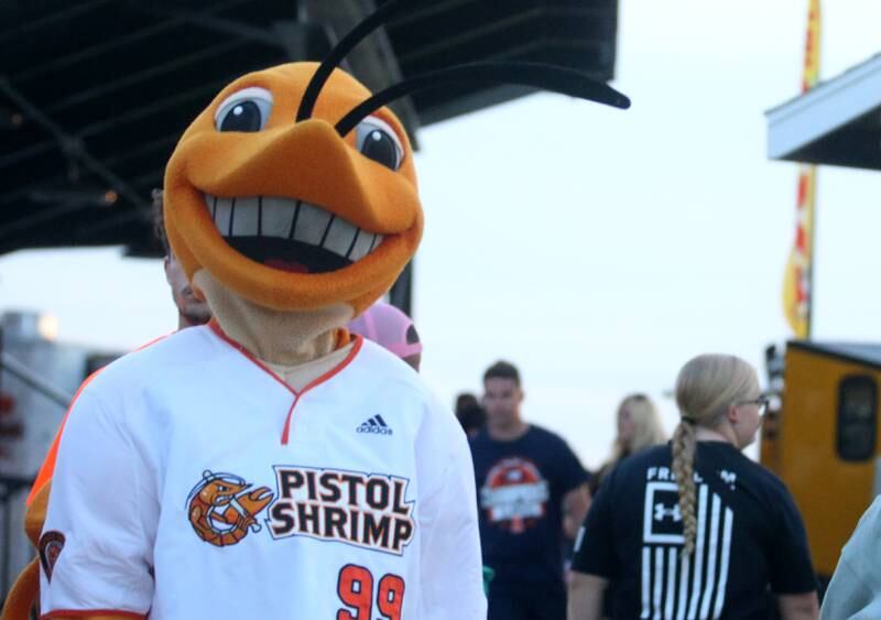 Southclaw Sam the Pistol Shrimp team mascot poses for a photo during the home opener in Schweickert Stadium on Thursday, May 30, 2024 at Veterans Park in Peru.