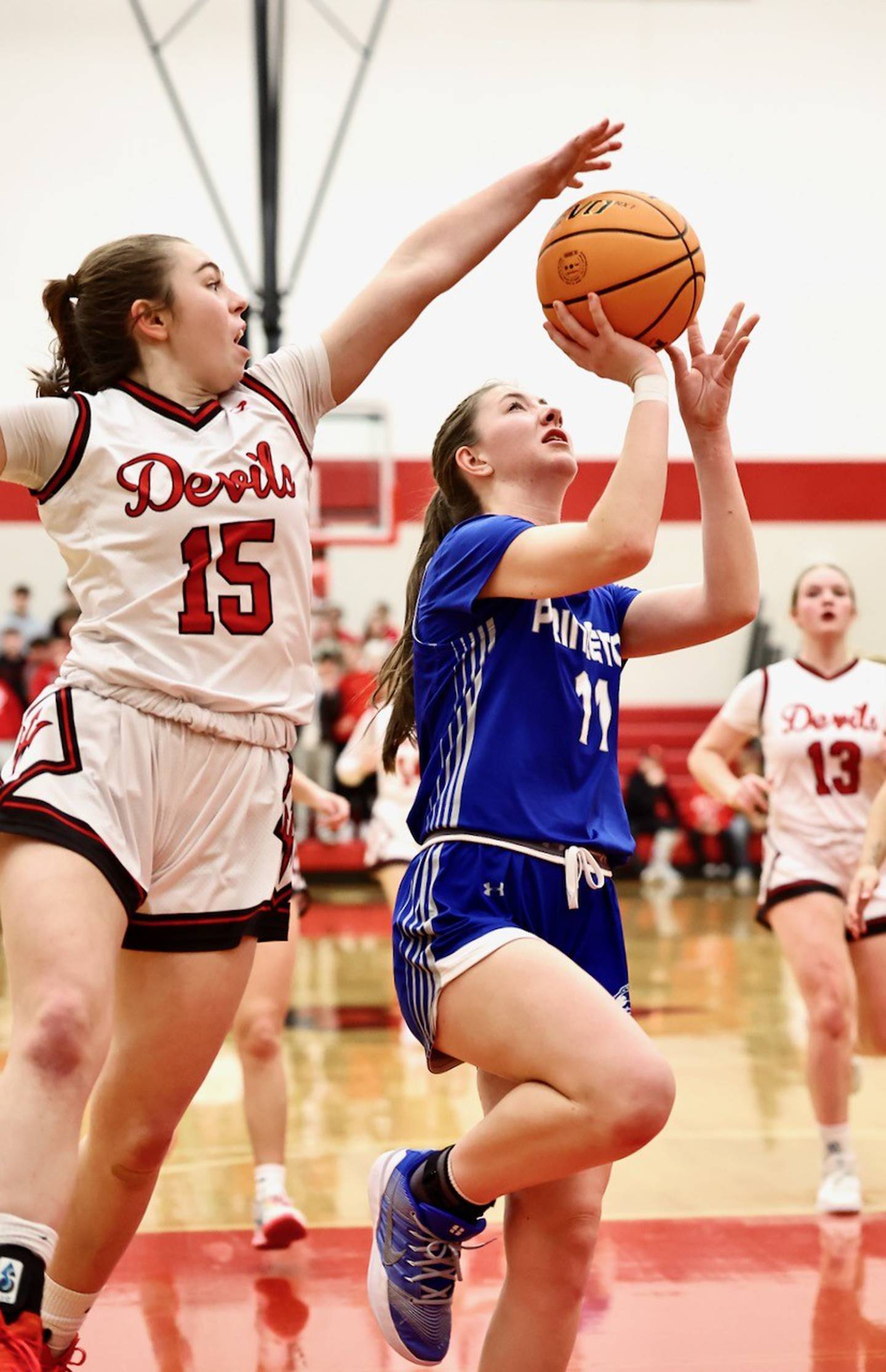 Hall's Bernadette Larsen blocks a shot by Princeton's Addie Dever Thursday night at Hall. The Tigresses won 48-28.