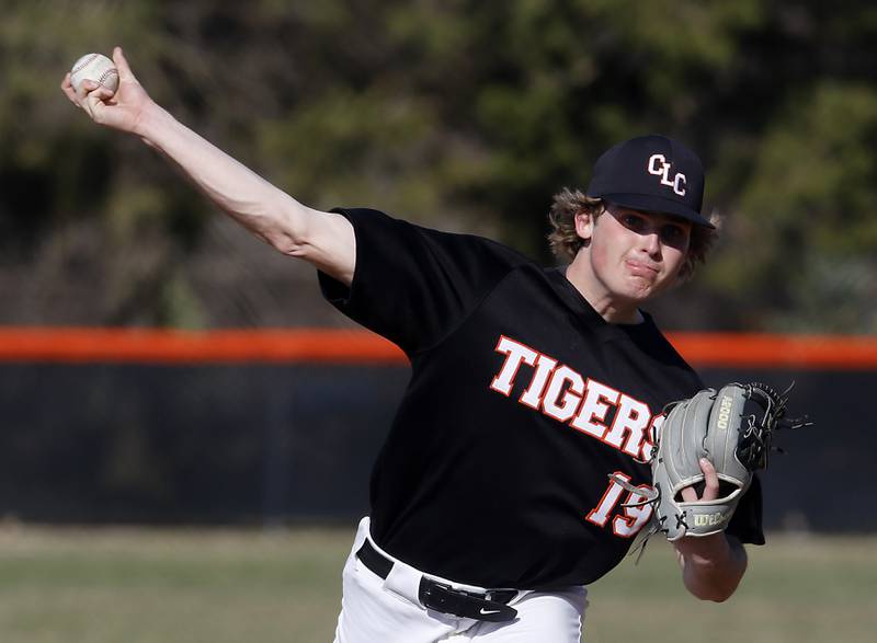 Crystal Lake Central's Mason Lechowicz throws a pitch during a Faox Valley Conference baseball game against Jacobs Monday, April 10, 2023, at Crystal Lake Central High School.