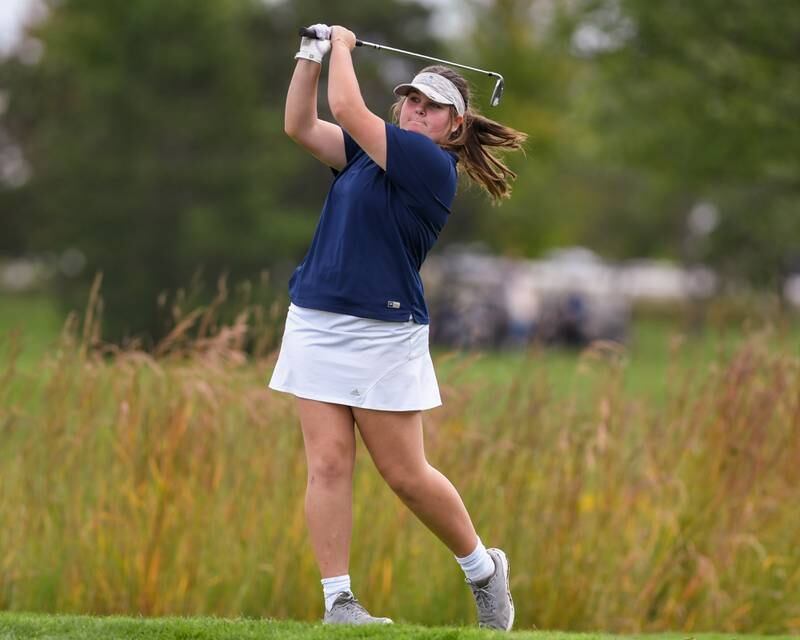 Plainfield South Daracey O’Sullivan tees off during the regional match on Thursday Sep. 28, 2023, held at Whitetail Ridge in Yorkville.