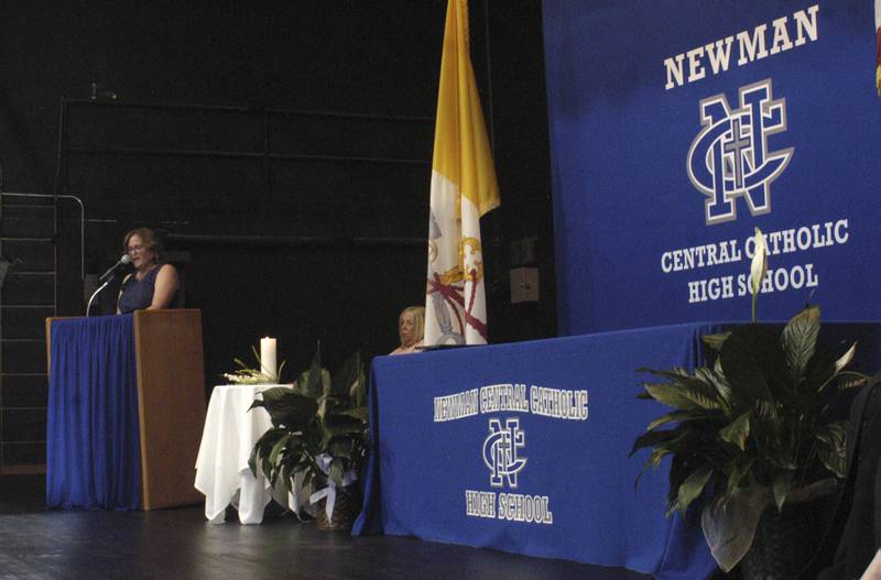 Head of School, Jennifer Oetting gives closing remarks. The Newman High School Class of 2026 Commencement Ceremony was held on Wednesday, May 20, 2026, at Newman Central Catholic High School. in Sterling.