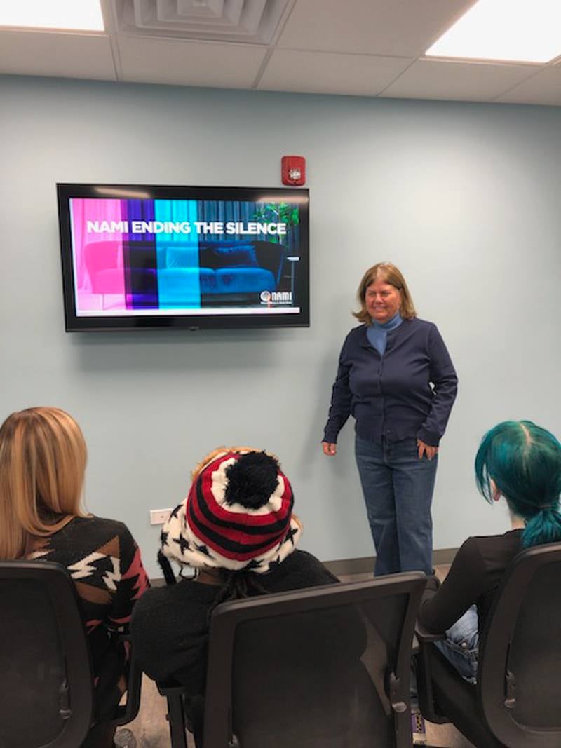 The Will-Grundy chapter of the National Alliance of Mental Illness is now offering NAMI’s “Ending the Silence” program to local schools. Teena Mackey, NAMI Will-Grundy executive director. presents "Ending the Silence" to a group of students.