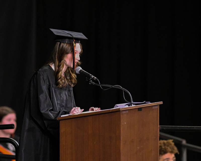 DeKalb High School senior Salem Massey gives remarks on Saturday, May 24, 2025, during the Class of 2025 Commencement ceremony held at the Convocation Center in DeKalb.