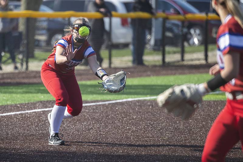 Morrison’s Marissa Folkers keeps her eye on the ball  against Sterling Wednesday, April 26, 2023.