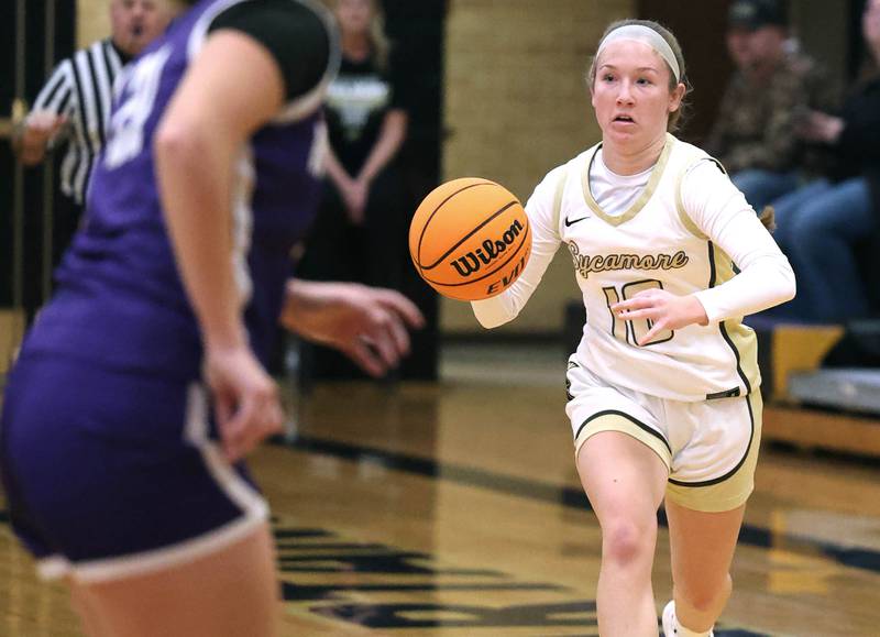 Sycamore's Cortni Kruizenga looks to get by a Rochelle defender during their game Friday, Dec. 6, 2024, at Sycamore High School.