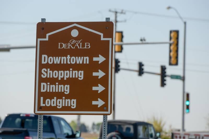 Navigation sign to locations inside the City of DeKalb at the intersection of Peace Road and Route 38 in DeKalb, IL on Thursday, May 13, 2021.