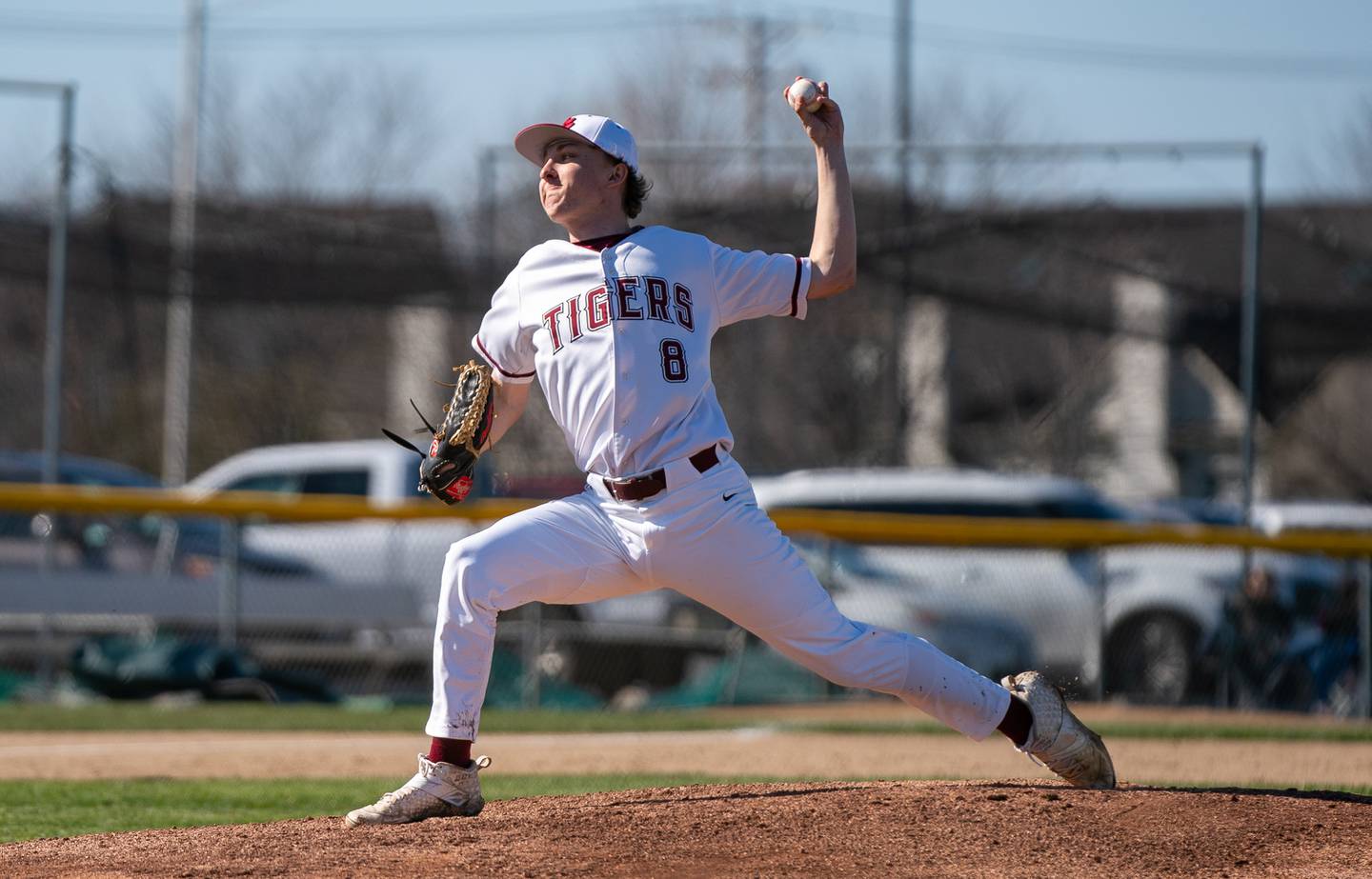 Plainfield North's Kash Koslowski (8) delivers a pitch against Yorkville during a baseball game at Plainfield North High School on Thursday, April 21, 2022.