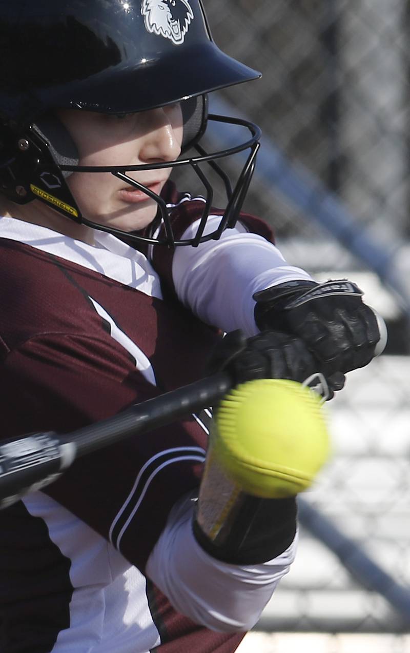 Prairie Ridge’s Chloe Lieurance hits the ball during a nonconference softball against Grayslake North Thursday. March 23, 2023, at Grayslake North High School.