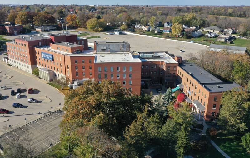 An aerial view of a vacant lot and hospital at the former St. Margarets Hospital on Wednesday, Nov. 1, 2023 in Spring Valley.