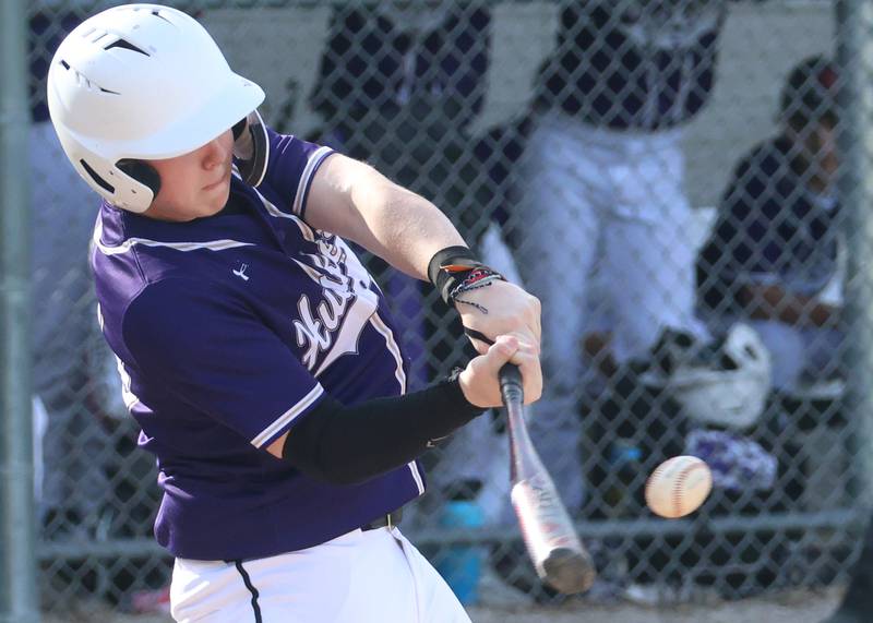 Serena's Nate Kelley makes contact with the ball against St. Bede on Friday, April 24, 2026 at St. Bede Academy.