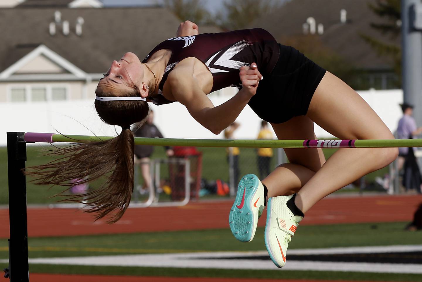 Prairie Ridge’s Rylee Lydon high jumps Friday, May 5, 2023, during the Fox Valley Conference Girls Track and Field Meet at Huntley High School.