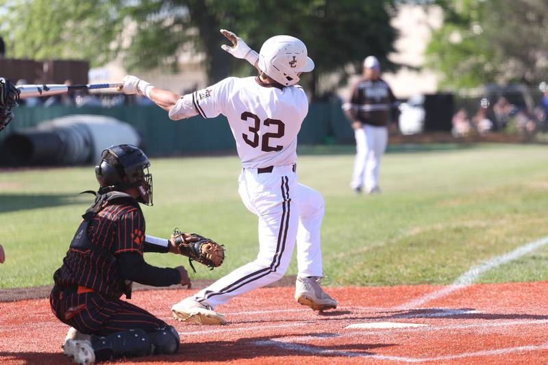 Joliet Catholic’s Zach Beitler drives in a run against Leo in the Class 2A sectional semifinal on Thursday, May 25, 2023, in Joliet.