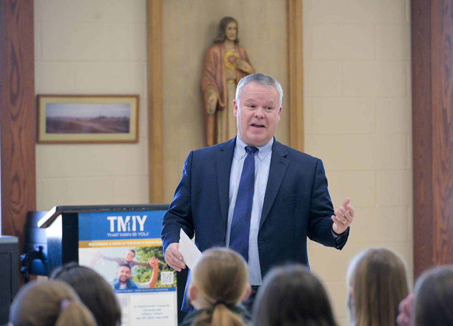 St. Charles Mayor Clint Hull speaks to 7th grade students at St Patrick Catholic School on Thursday, Dec 4, 2025.