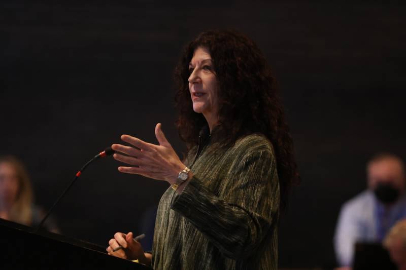 Lawyer Carla Alessio-Policandriotes speaks to the Joliet zoning board members. The Alessio family seeks approval for a cannabis cultivation facility next to a Sugar Creek subdivision. Thursday, April 21, 2022, in Joliet.