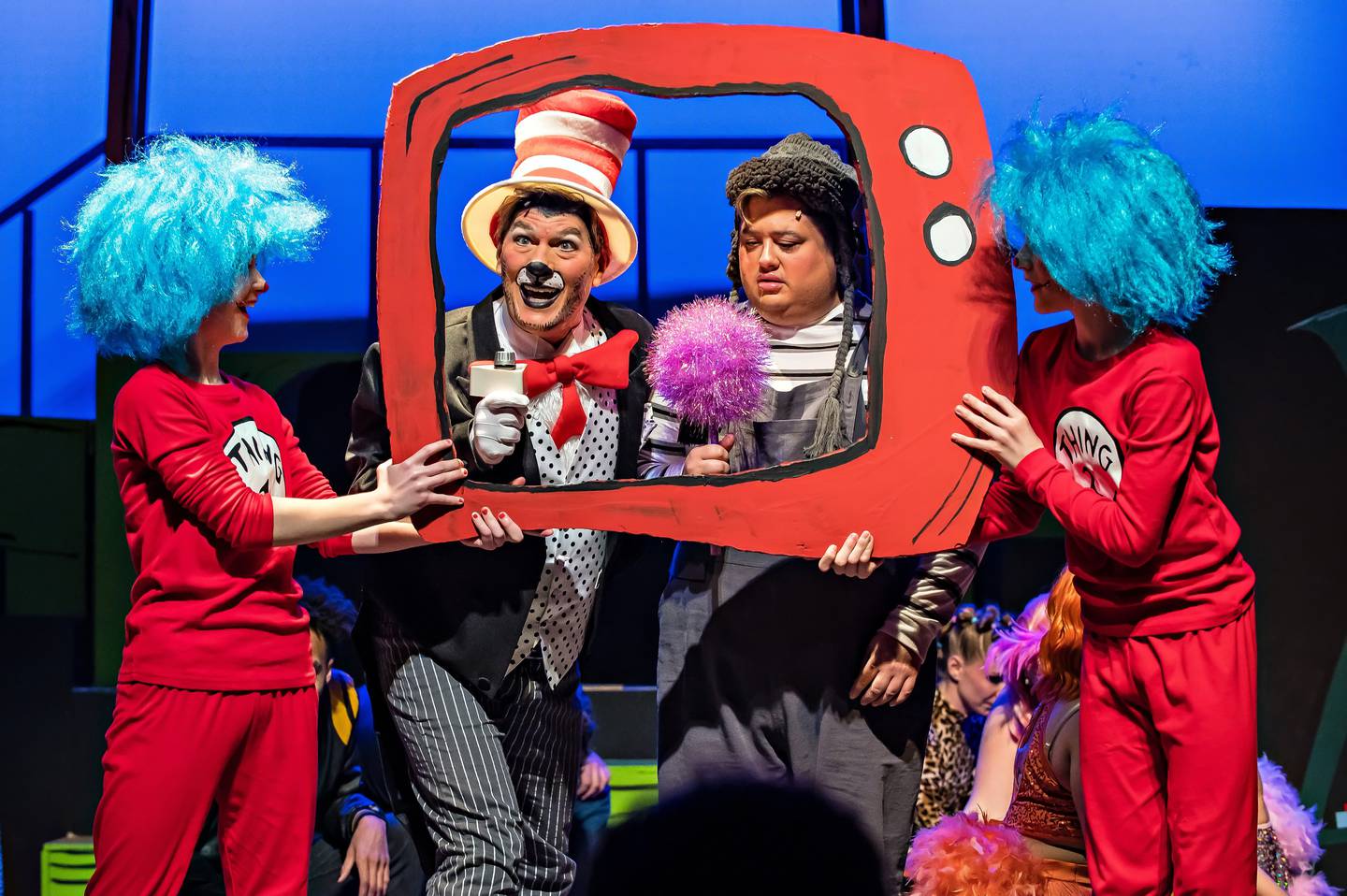 Thing 1 (from left), The Cat In The Hat, Horton and Thing 2 in Theatre 121's production of"Seussical" in Woodstock.